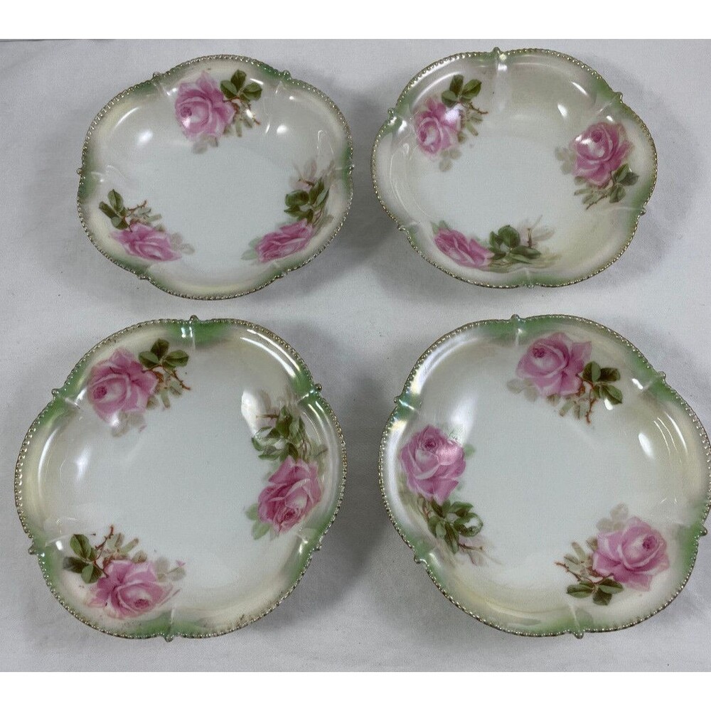RS Prussia Berry Bowls Rose Dessert Floral 5"Set of 4 Green Germany Hand Painted